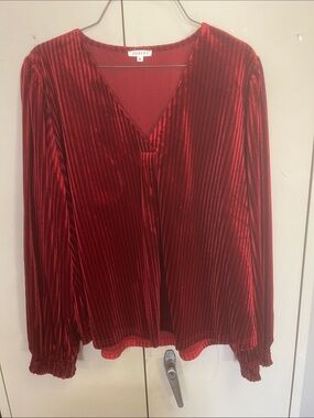 JODIFL Red Velvet Pleated V-Neck Long Sleeve Blouse